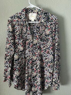 Maeve Black Floral Pintuck Button-Front Blouse